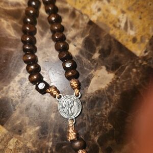 Wood Bead Rosary with Silver-tone Medal